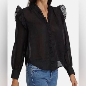 Frame Denim Lauren Long Sleeve Black Ruffle Trim Blouse | EUC | Sz S